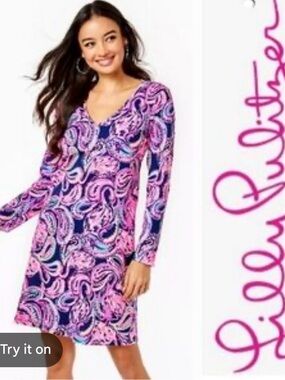 Lilly Pulitzer Flock to the Top Long Sleeve ETTA Dress Swing V-Neck Large